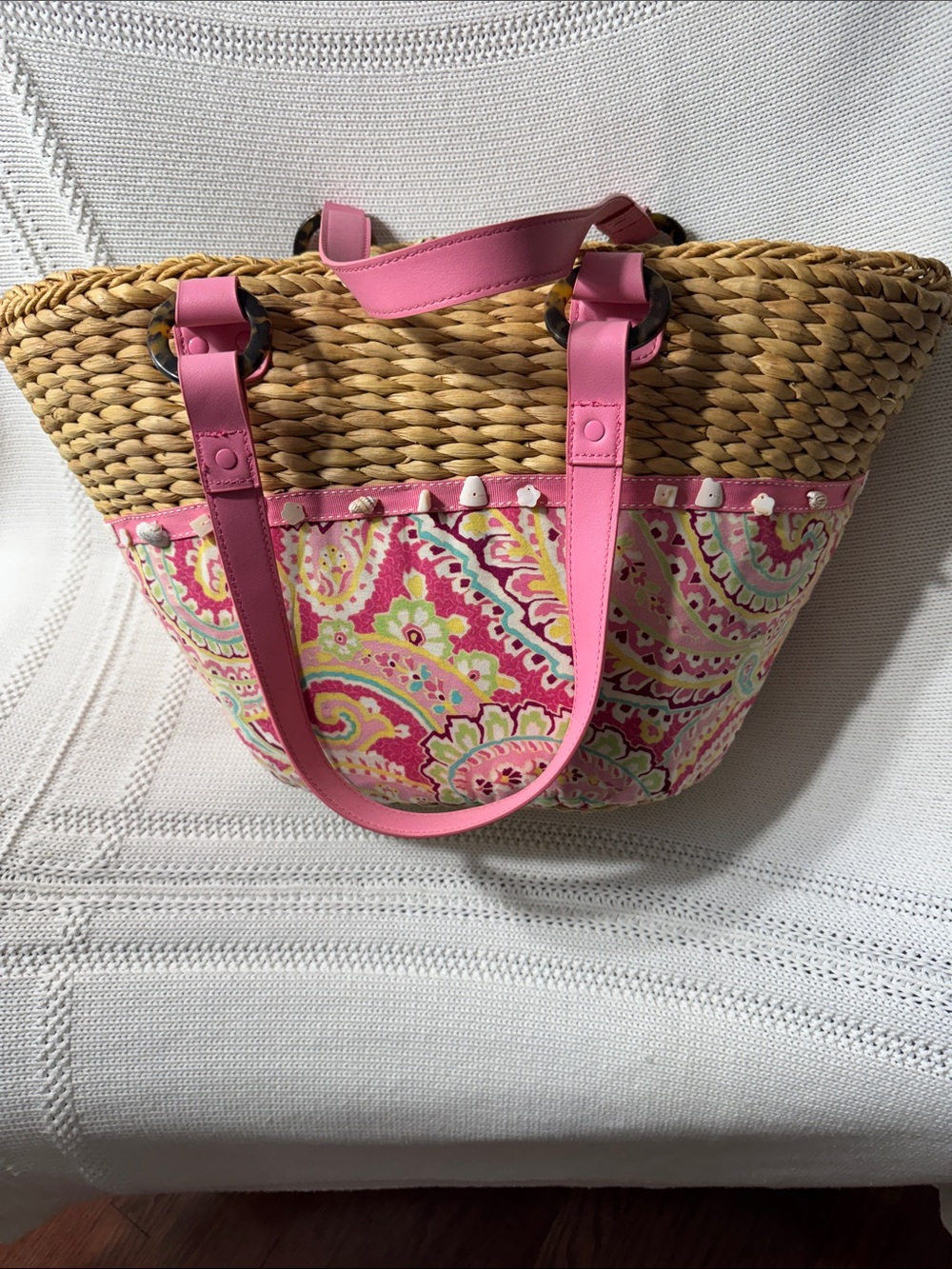 Vera Bradley Pink Paisley Straw Tote with Pink Straps